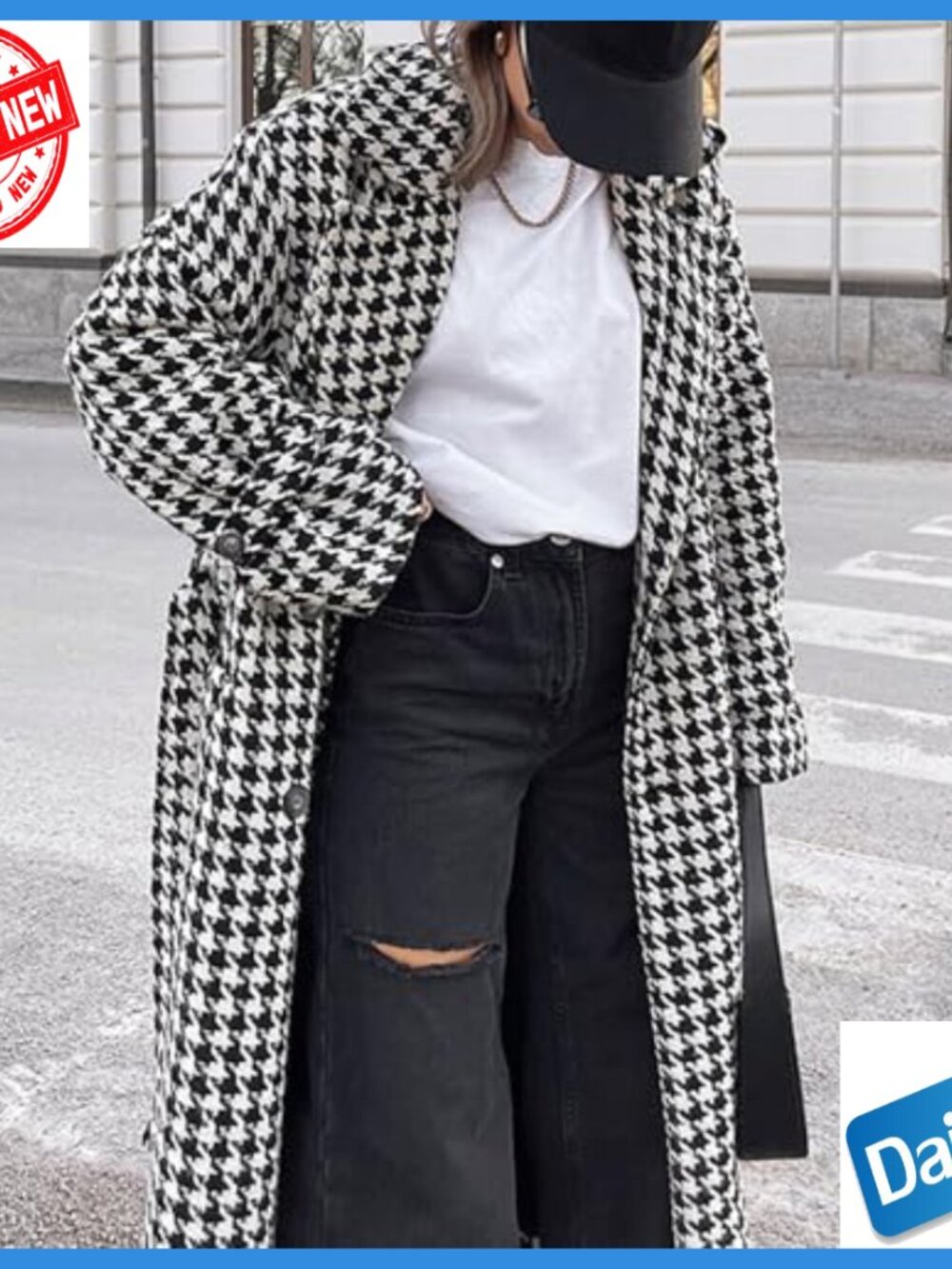 Women's Houndstooth Trench Coat Double Breasted Belted Long Overcoat - Picture 5 of 6